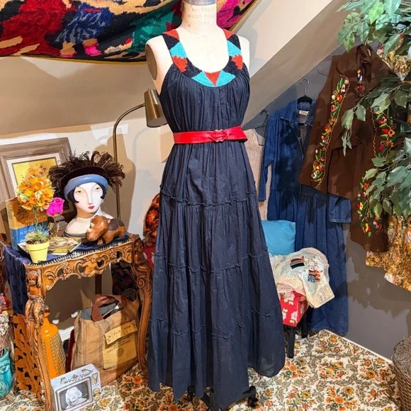Chaudry Black Cotton Beaded Neckline Tiered Maxi Dress Boho - L - Picture 9 of 9